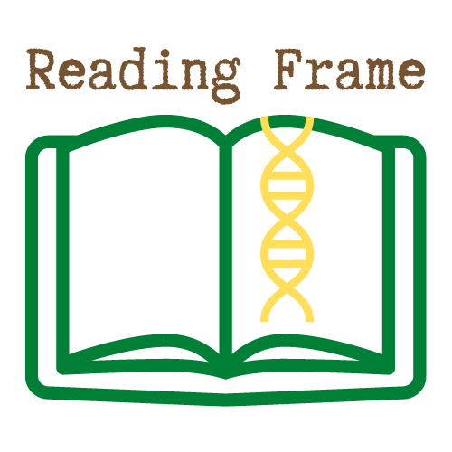 A green outline of an open book with a yellow cartoon strand of DNA as a ribbon bookmark on the right side. Above it in brown typewriter-like font are the words Reading Frame