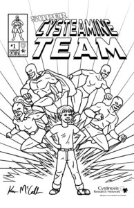A boy stands in the foreground with four superheroes (two male and two female) leap into action behind him. The image is black and white line art