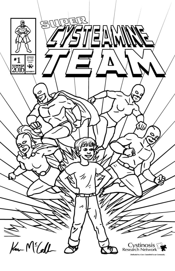 A boy stands in the foreground with four superheroes (two male and two female) leap into action behind him. The image is black and white line art