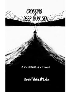 Image of a boat on a body of water in black and white. The test reads Crossing the Deep Dark Sea