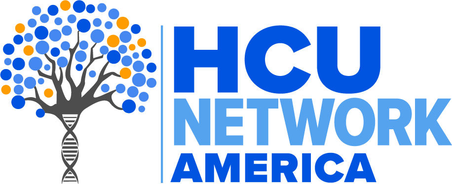 An image of the HCU Network America logo. The writing is in alternating blue text with a stylized DNA tree to the right.
