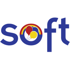 The logo for SOFT the "O" has three balloons in the center of yellow, red, and blue