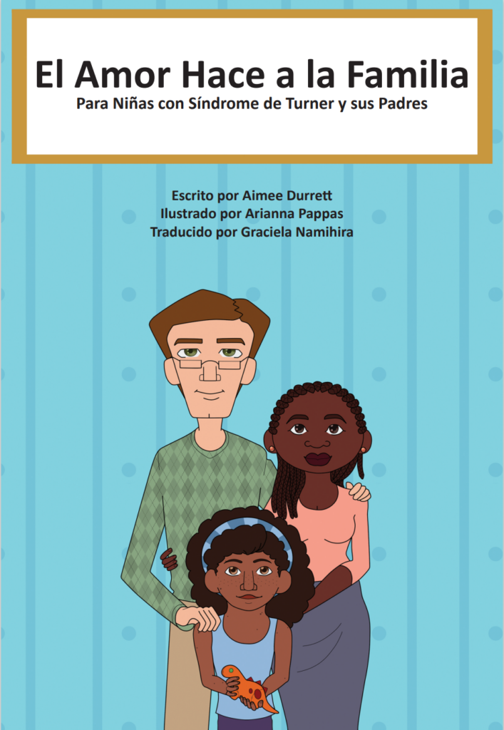 Three cartoon people in the foreground in the style of a family portrait. One tall, white, brown faired father with glasses. One medium height brown mother with braided black hair. And one brown daughter with curly hair held back by a headband.